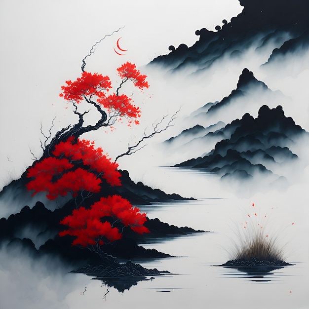Ein Gemälde einer Berglandschaft mit einem roten Baum darauf.
