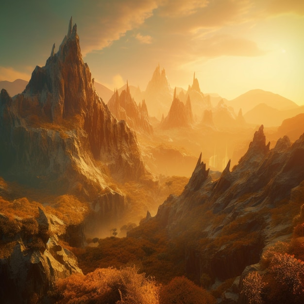 Ein Gemälde einer Berglandschaft mit einem Sonnenuntergang im Hintergrund.