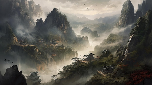 Ein Gemälde einer Berglandschaft mit einem Tempel im Vordergrund und einem kleinen Dorf im Hintergrund.