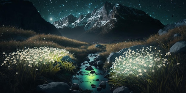 Ein Gemälde einer Berglandschaft mit weißen Blumen und einem Fluss.