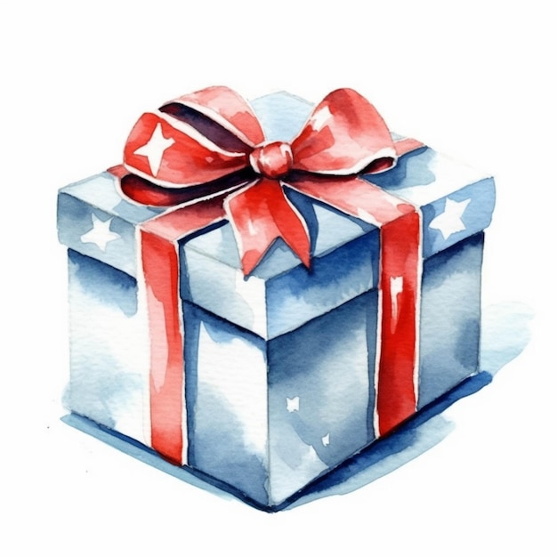 Ein Gemälde einer blauen Geschenkbox mit einer roten Schleife