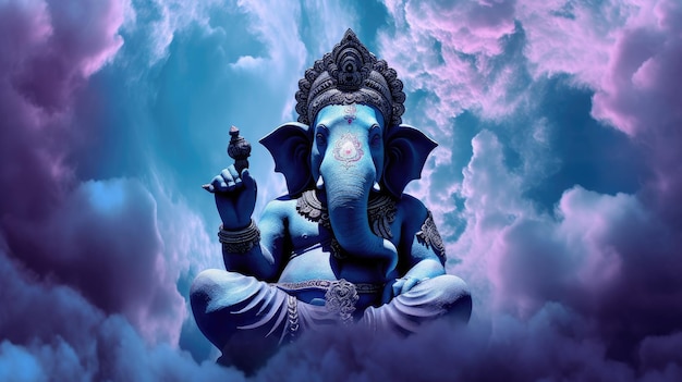 Ein Gemälde einer blauen Statue eines Gottes mit dem Wort Ganesh darauf.