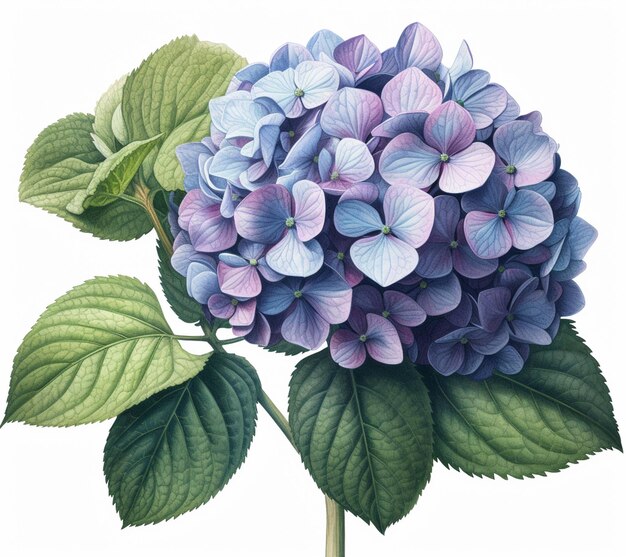 Ein Gemälde einer blauen und violetten Hortensie mit grünen Blättern.