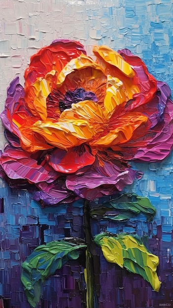 Ein Gemälde einer Blume mit Stiel und Blättern