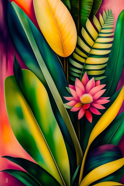 Ein Gemälde einer Blume und Blättern mit dem Wort Lotus darauf.