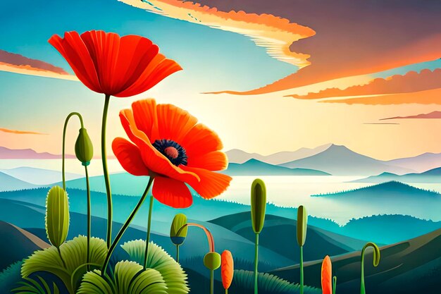 Ein Gemälde einer Blumenwiese mit einem Berg im Hintergrund