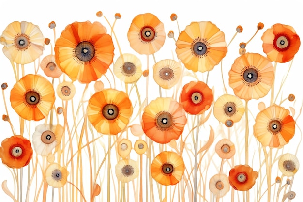 Ein Gemälde einer Blumenwiese mit orangefarbenen Blüten.