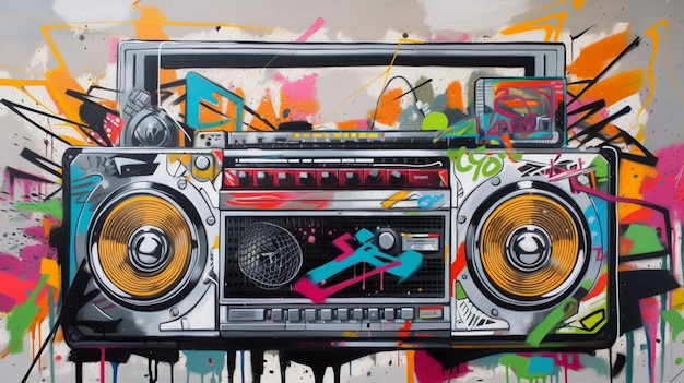 Ein Gemälde einer Boombox mit dem Wort Boombox darauf.