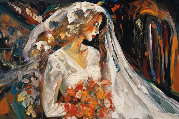 Ein Gemälde einer Braut mit einem Blumenstrauß.