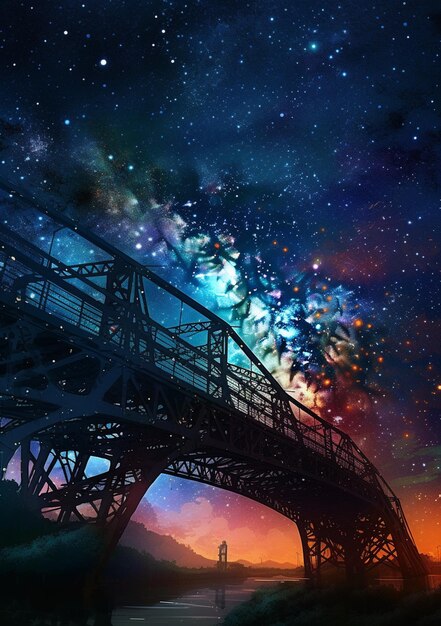 Ein Gemälde einer Brücke mit einem Galaxienhintergrund