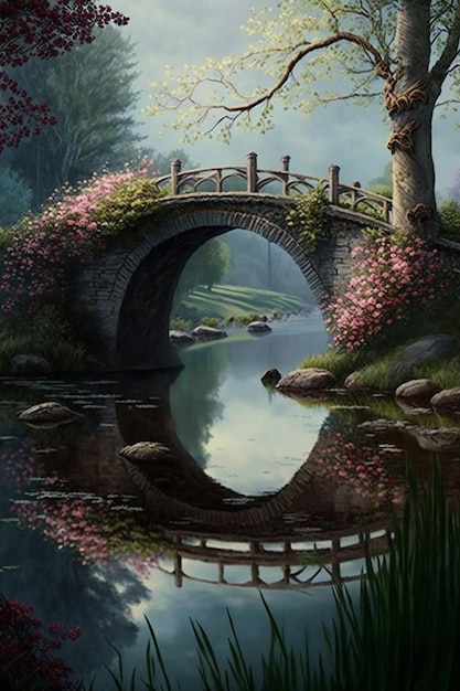 Ein Gemälde einer Brücke über einem Teich mit rosa Blumen.