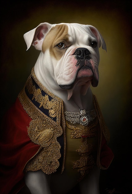 Ein Gemälde einer Bulldogge, die einen Mantel trägt, auf dem „der Name des Königs“ steht.