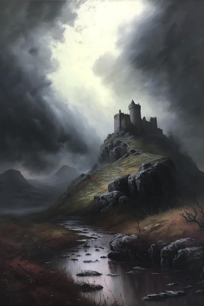 Ein Gemälde einer Burg auf einem Hügel mit einem Fluss im Hintergrund.