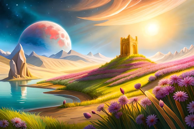 Ein Gemälde einer Burg auf einem Hügel mit einer lila Blume im Vordergrund.