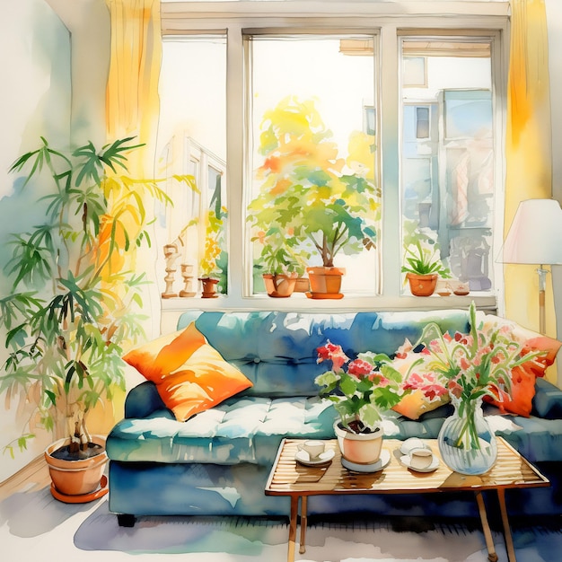 ein Gemälde einer Couch mit einer Pflanze darauf