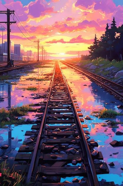 Ein Gemälde einer Eisenbahnstrecke mit einem Sonnenuntergang im Hintergrund.