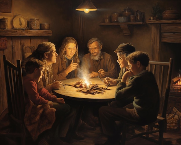 Ein Gemälde einer Familie, die um einen Tisch sitzt und in dessen Mitte ein Feuer brennt.