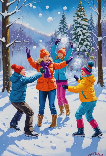 Ein Gemälde einer Familie mit einem Schneeballkampf an einem schneebedeckten Tag mit bunten Winterkleidung und Schnee