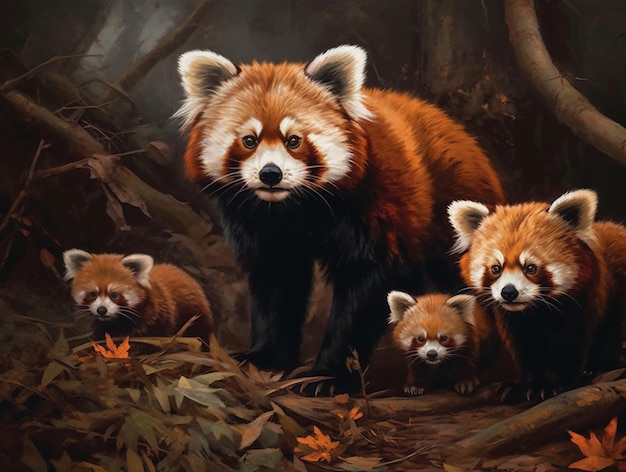 Ein Gemälde einer Familie roter Pandas