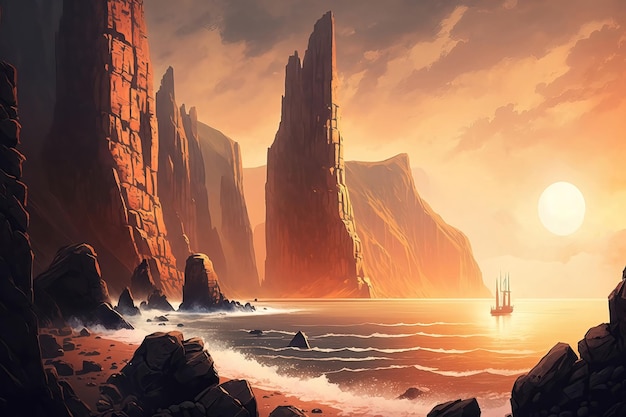 Ein Gemälde einer felsigen Küste mit einem Schiff in der Ferne.
