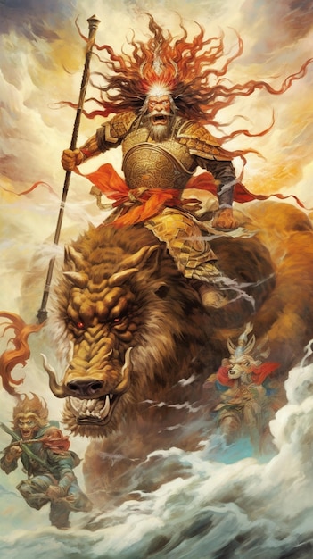 ein Gemälde einer Frau, die auf einem Löwen mit einem Speer reitet