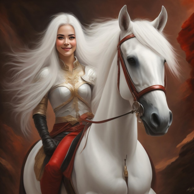 Ein Gemälde einer Frau, die auf einem weißen Pferd reitet, mit einem roten Himmel im Rücken.