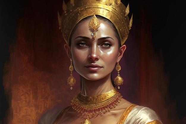 Ein Gemälde einer Frau, die eine goldene Kopfbedeckung trägt