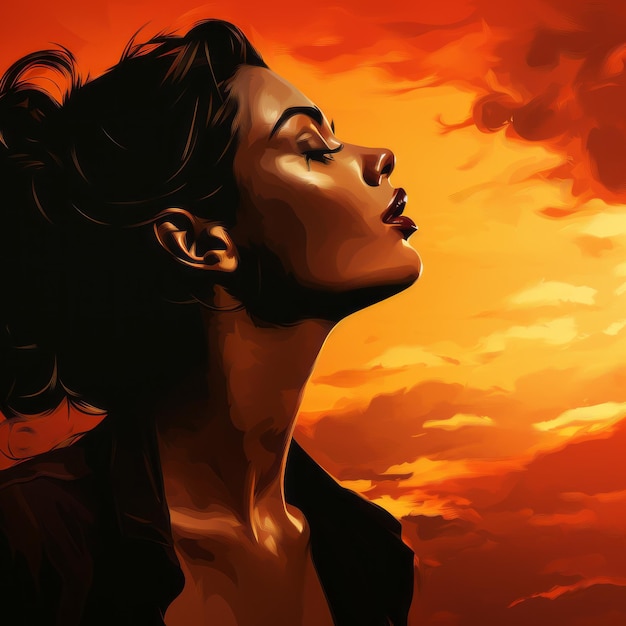 ein Gemälde einer Frau, die in den Himmel blickt