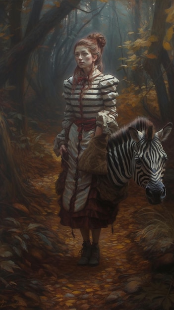 Ein Gemälde einer Frau, die in einem Wald steht, mit einem Zebra auf der linken Seite.