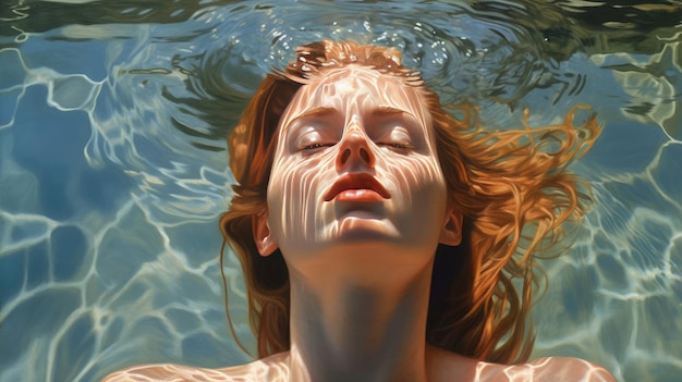 Ein Gemälde einer Frau, die in einem Wasserbecken schwimmt