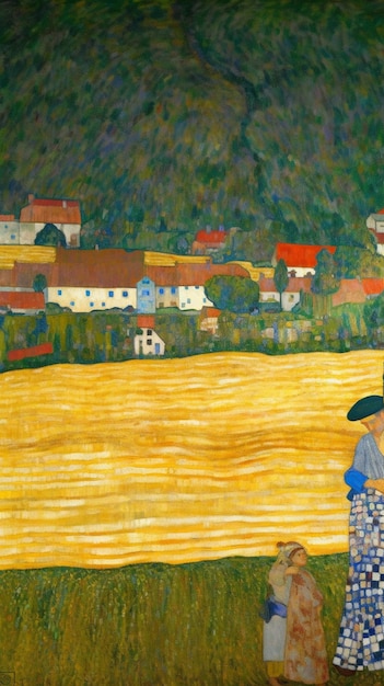 Ein Gemälde einer Frau in einem blauen Kleid und einem gelben Feld mit einem Dorf im Hintergrund.