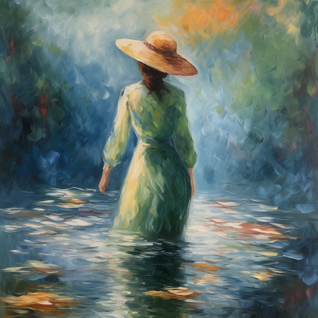 Ein Gemälde einer Frau in einem gelben Kleid und Hut, die durch Wasser geht.