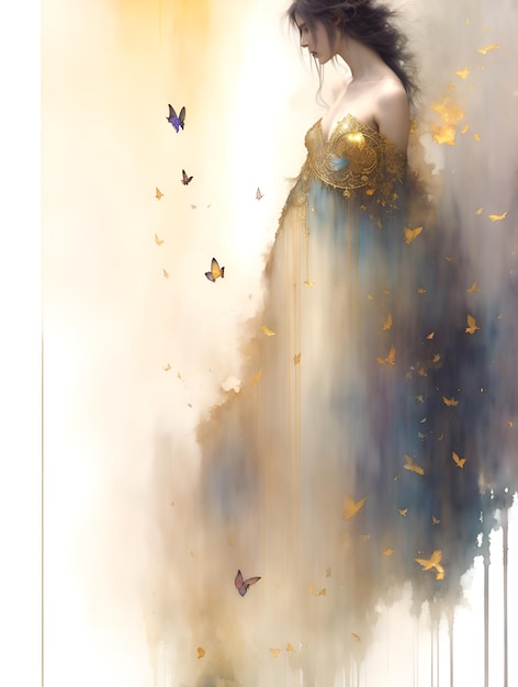 Ein Gemälde einer Frau in einem Kleid mit Schmetterlingen darauf