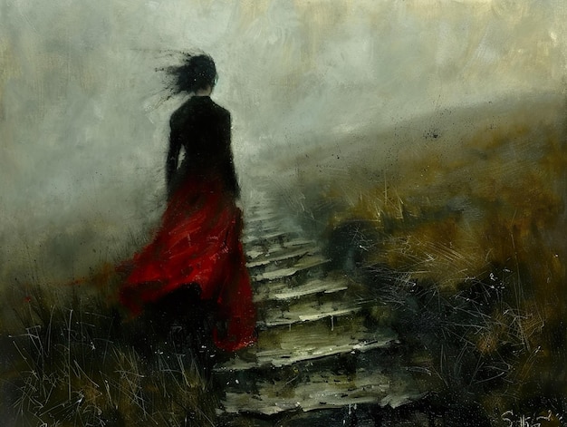 ein Gemälde einer Frau in einem roten Kleid auf einer Treppe