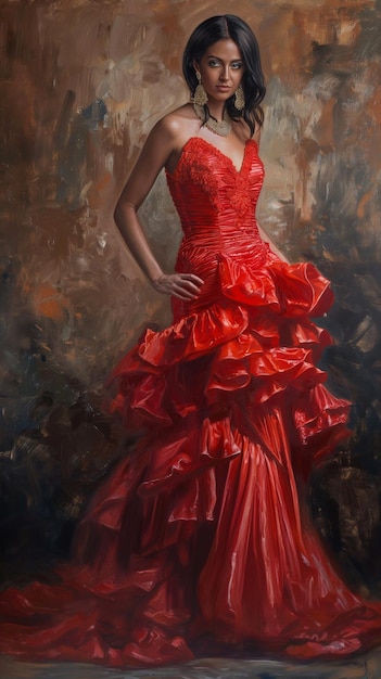 ein Gemälde einer Frau in einem roten Kleid mit einem roten Band