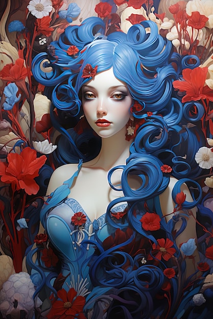 ein Gemälde einer Frau mit blauem Haar und einem blauen Kleid mit roten Blumen