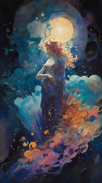 Ein Gemälde einer Frau mit blauem Hintergrund und der Aufschrift „Geburt der Venus“.