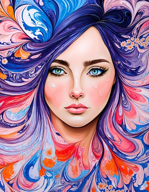 Ein Gemälde einer Frau mit blauen Haaren und einem regenbogenfarbenen Haar.