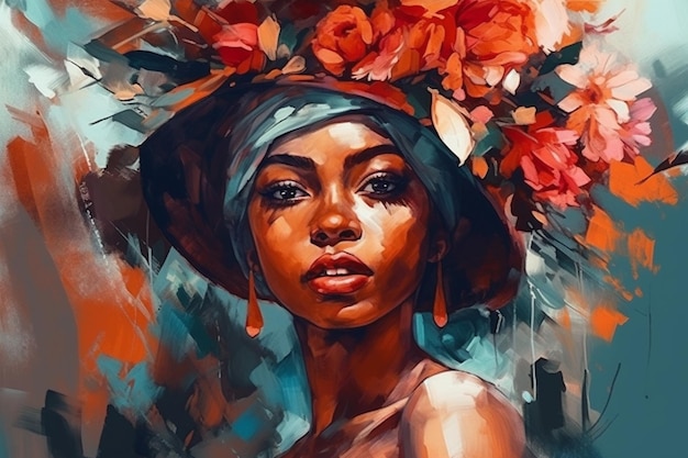 Ein Gemälde einer Frau mit Blumen auf dem Kopf
