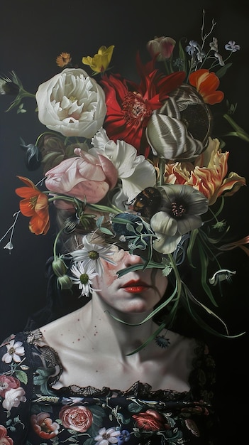 ein Gemälde einer Frau mit Blumen im Haar