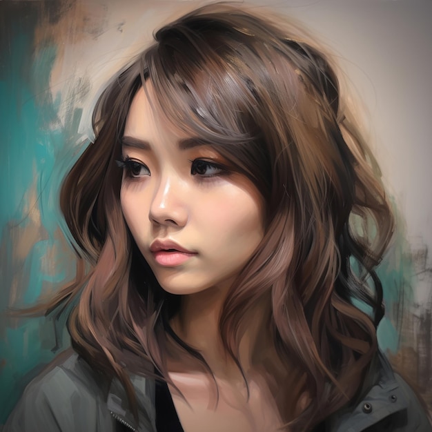 Ein Gemälde einer Frau mit braunen Haaren und einer schwarzen Jacke