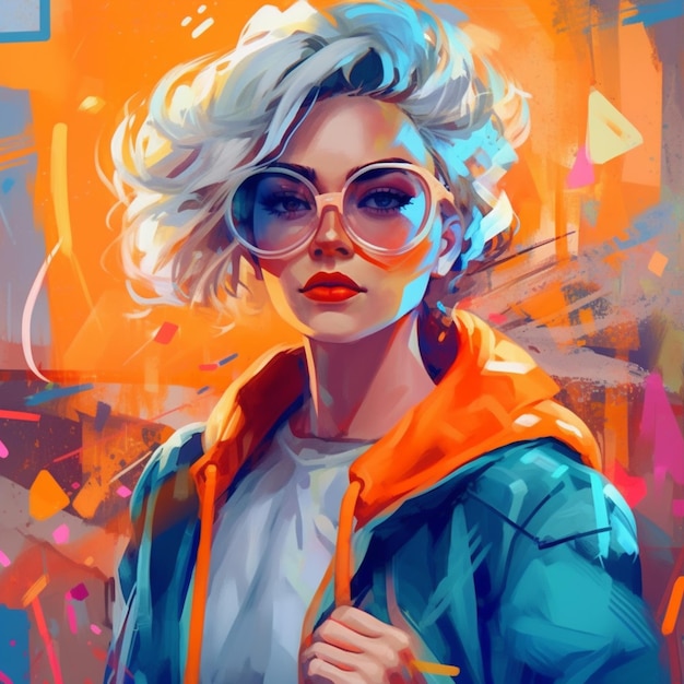 ein Gemälde einer Frau mit Brille und einer Jacke