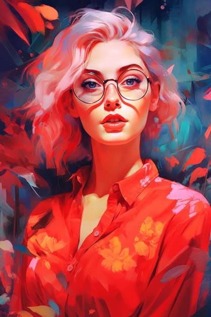 Ein Gemälde einer Frau mit Brille und rotem Hemd.