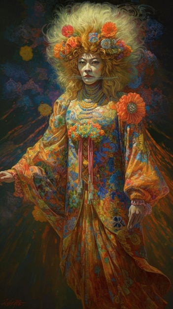Ein Gemälde einer Frau mit einem geblümten Kleid und einem Peace-Zeichen auf dem Kopf.