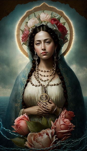 Ein Gemälde einer Frau mit einem Kreuz auf dem Kopf und einem großen Kreuz auf der Brust.