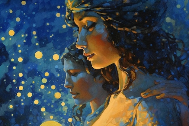 Ein Gemälde einer Frau mit einem Stern auf dem Kopf
