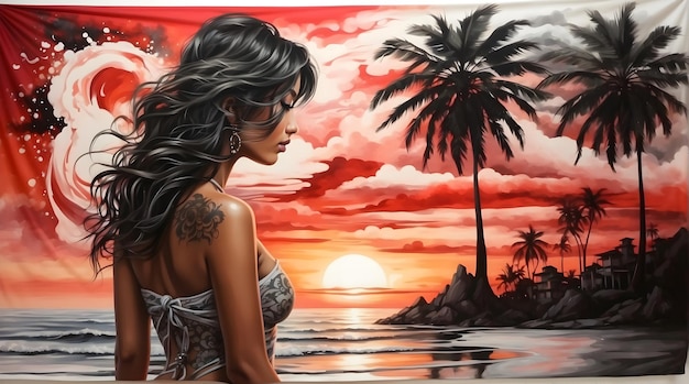 ein Gemälde einer Frau mit einem Tattoo auf dem Arm und der Sonne hinter ihr