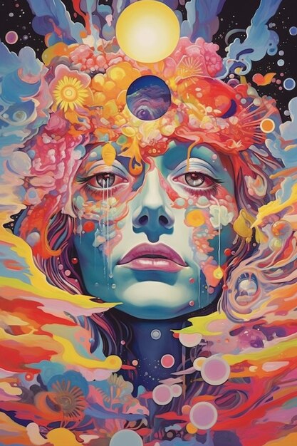 ein Gemälde einer Frau mit einer Blumenkrone auf dem Kopf