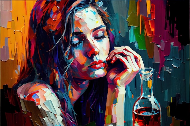 Ein Gemälde einer Frau mit einer Flasche Alkohol neben ihr.