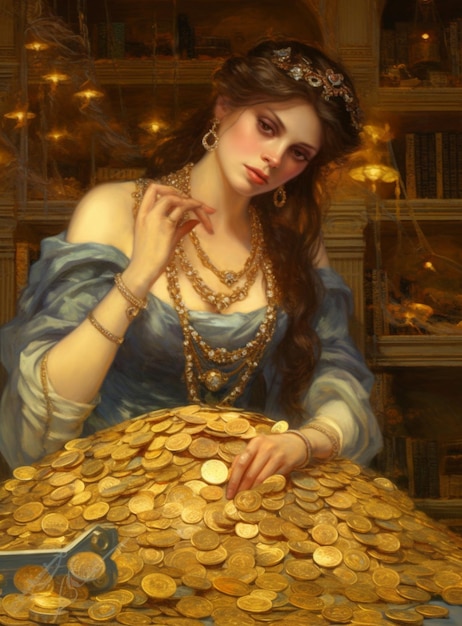 Ein Gemälde einer Frau mit einer Krone auf dem Kopf und einem Stapel Münzen auf dem Boden.